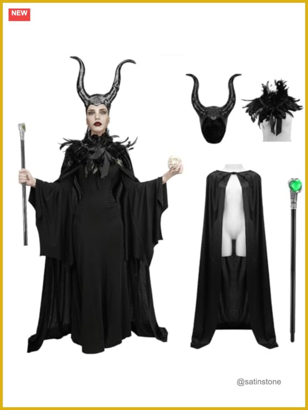 Women's Evil Queen Costume 4-Piece Set Horn Cape Shawl Staff Halloween